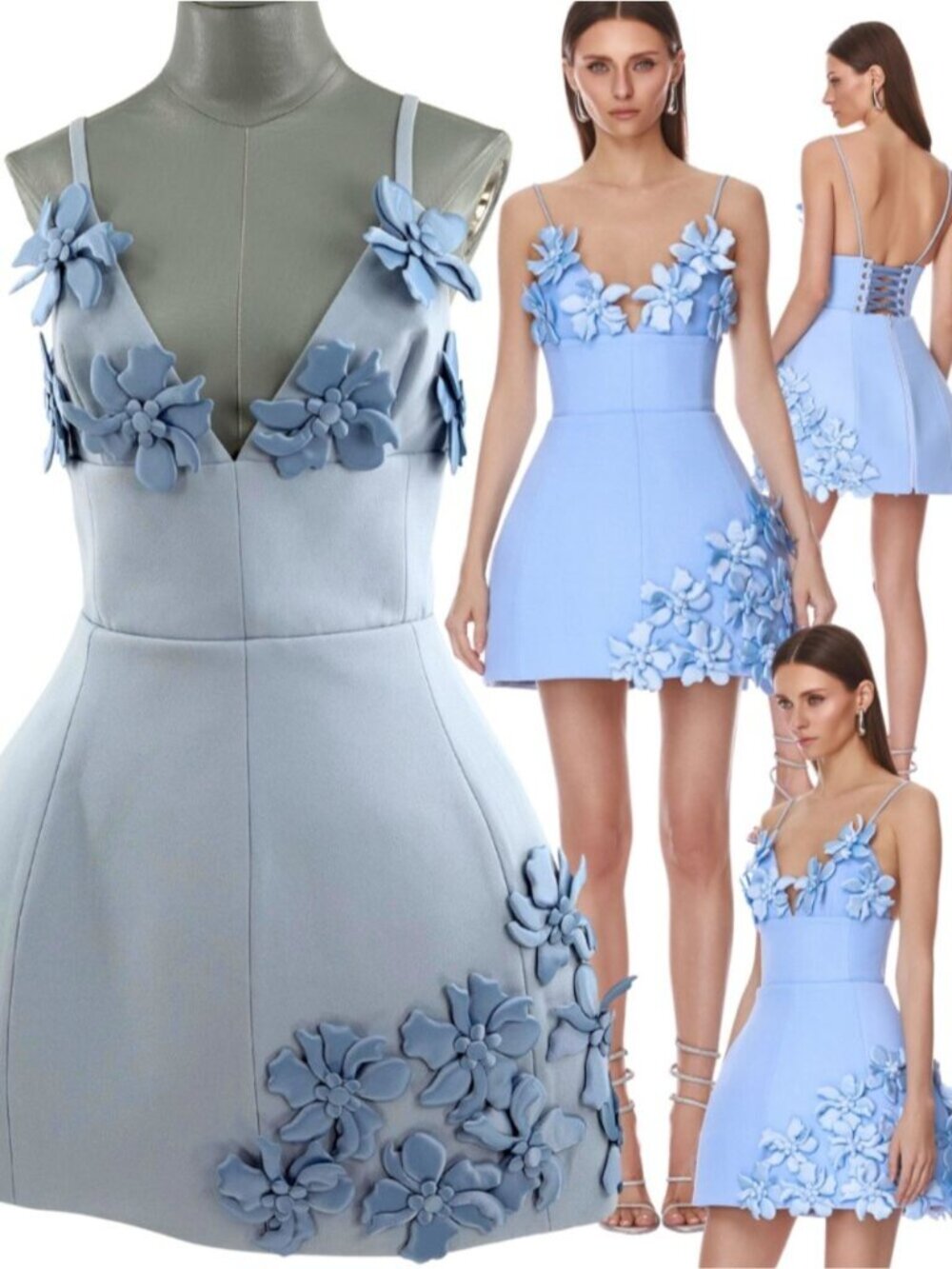 🆕 BRONX & BANCO 🧿 NWOT Emma 3D Floral Mini Dress, Pastel Blue - Sz L US 8